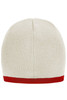 A beanie with a cream body and a contrasting red edge, featuring a logo on the side.