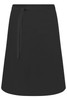 A black apron with a tied waist, featuring a simple, classic design. It includes a logo.