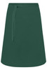 A green apron with a tie waist, featuring a simple design and a solid colour. It has an implied branding element.
