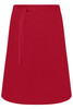 A red apron with a tie waist, featuring a simple design and no discernible patterns or textures.