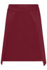 A burgundy apron with a simple design and side panels, featuring a branding logo.