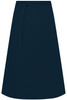 A dark navy apron with a tie waist, featuring a simple, sleek design. It has a logo on the fabric.