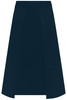 A navy blue apron with a straight cut and side slits. It features a branding logo.