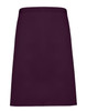 A mid-length apron in a rich burgundy colour, featuring a simple, unembellished design and a logo.