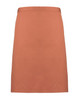A mid-length apron in a warm terracotta colour, featuring a simple design and a logo.