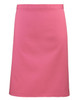 A mid-length apron in bright pink with a simple design and a logo on the front.