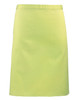 A mid-length apron in bright yellow, featuring a simple design and a logo on the front.