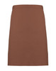 A mid-length apron in a rich brown colour, featuring a simple design and a branding logo.
