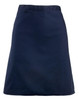 A navy mid-length apron featuring a simple design and equipped with a branding logo.