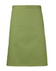 A mid-length apron in a solid olive green colour, featuring a simple design and a logo.