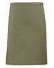 An olive green mid-length apron with a simple design and a smooth texture. It features branding on the front.
