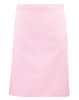 A pink mid-length apron, featuring a simple design and a waistband. It has a logo on it.