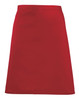 A red mid-length apron featuring a simple design and an attached logo. Ideal for workwear use.