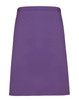 A purple mid-length apron featuring a simple design and a waistband, with a logo present.