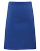 A blue mid-length apron with a simple design and an unadorned finish. It features a logo.