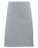 A mid-length apron in a soft grey colour with a simple design and a logo on the front.