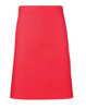 A red mid-length apron with a simple design, featuring a logo on the front.