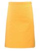 A mid-length apron in bright yellow with a plain design and a woven waistband. Features a logo on the front.