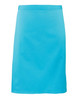 A mid-length apron in a vibrant turquoise colour, featuring a logo on the front.