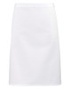 A white mid-length apron featuring a plain design and a branding logo on the side.