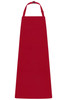 A red apron with a bib and an adjustable neck strap. It features a logo.