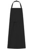A black apron with a bib design and a waist tie, featuring adjustable straps and a simple style.