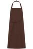 A brown apron with a bib and adjustable strap, featuring a tie at the waist. It includes a logo.