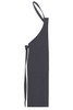A dark grey apron with a bib design, featuring a side pocket and adjustable neck straps.