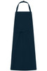 A dark navy apron with a bib and tie, featuring an adjustable neck strap and a smooth design.