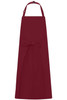 A burgundy apron with a bib and a waist tie, featuring a logo at the top.