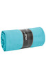 A rolled-up XXL fleece blanket in a vibrant turquoise colour, featuring a black band with branding.