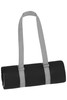 A rolled black picnic blanket secured with grey straps, featuring a logo on the side.
