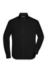 A black long-sleeve men's button-up shirt with a collar and a logo on the label.