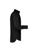 A black long-sleeved button-up shirt displayed from the side, featuring a collar and cuff details.