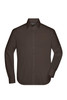 A brown long-sleeve button-up shirt with a collar and a logo on the label.