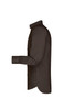 A brown button-up shirt is displayed, showcasing the side view and long sleeves. The shirt features a collar and buttons.