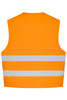 An orange safety vest with two reflective grey stripes, featuring a back view design.