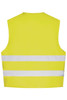 A yellow safety vest featuring reflective white stripes and a plain back design. It includes a branding logo.