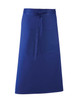 A blue apron with a pocket at the front and a tie at the waist. It features a logo design.