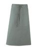 A grey apron with two front pockets and a tie waist, featuring a logo.