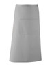 A grey apron featuring a front pocket and a simple design. It includes a logo branding.