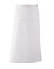 A white apron with a large front pocket and a silver trim along the top. It features branding on the fabric.