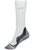 A pair of white compression socks with grey accents and a logo on the side.