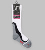 Compression socks in white, grey, and black, featuring a hang tag and a logo on the side.