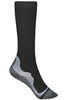 A pair of black compression socks with grey detailing, featuring a fitted design and a logo on the side.