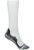 A pair of white compression socks with grey design elements and a logo on the side.