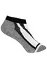 A pair of ankle-length sneaker socks in black, grey, and white, featuring a logo on the side.