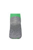 A pair of sneaker socks featuring a grey body and a bright green cuff, with a logo on the side.