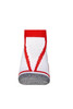 A pair of white sneaker socks featuring red accents and a textured grey sole. The design includes a bold pattern.