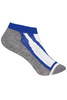 A grey and blue sneaker sock with a white design and a logo on the side.